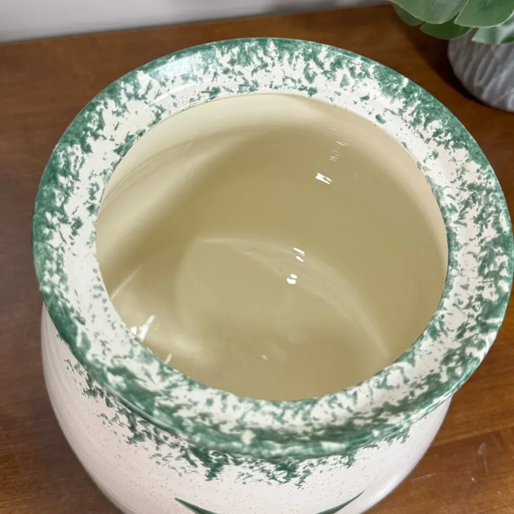 Vintage 80s Apple Cookie Jar Canister Large Size Green Spongeware Ceramic Signed